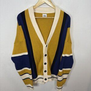Zara Men XL Preppy Tennis Varsity Cardigan Stripped Knit Sweater Yellow Blue